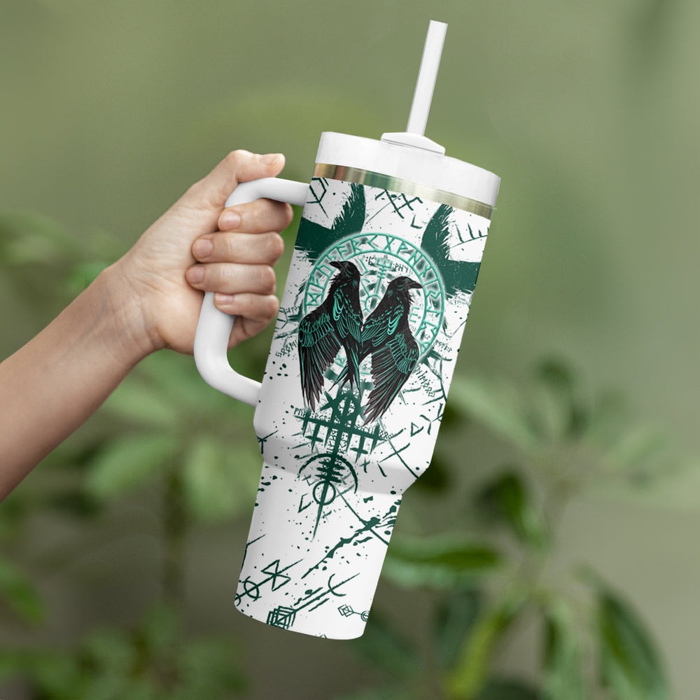 Winged Wisdom Of Viking Tumbler With Handle Hugin, Munin, and the Vegvisir TS04 Winged Wisdom Of Viking Tumbler With Handle Hugin, Munin, and the Vegvisir TS04