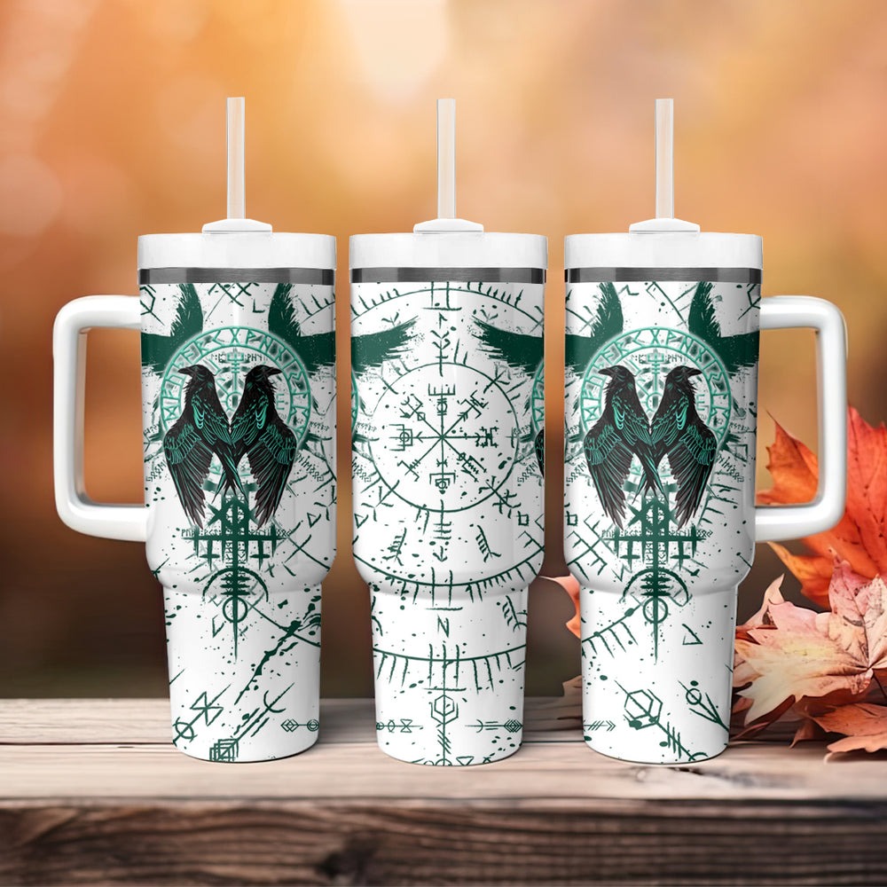 Winged Wisdom Of Viking Tumbler With Handle Hugin, Munin, and the Vegvisir TS04 Winged Wisdom Of Viking Tumbler With Handle Hugin, Munin, and the Vegvisir TS04