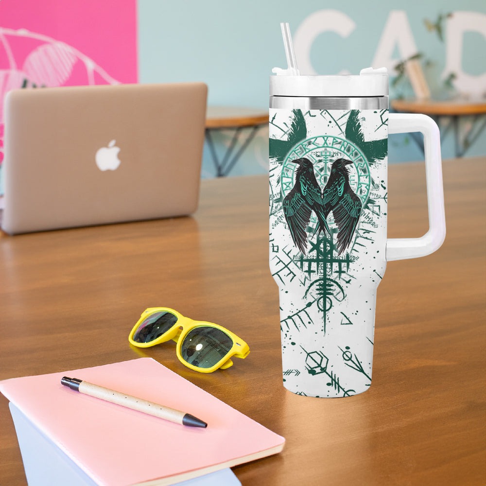 Winged Wisdom Of Viking Tumbler With Handle Hugin, Munin, and the Vegvisir TS04 Winged Wisdom Of Viking Tumbler With Handle Hugin, Munin, and the Vegvisir TS04