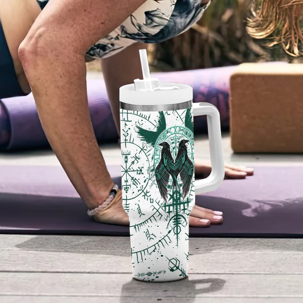 Winged Wisdom Of Viking Tumbler With Handle Hugin, Munin, and the Vegvisir TS04 Winged Wisdom Of Viking Tumbler With Handle Hugin, Munin, and the Vegvisir TS04