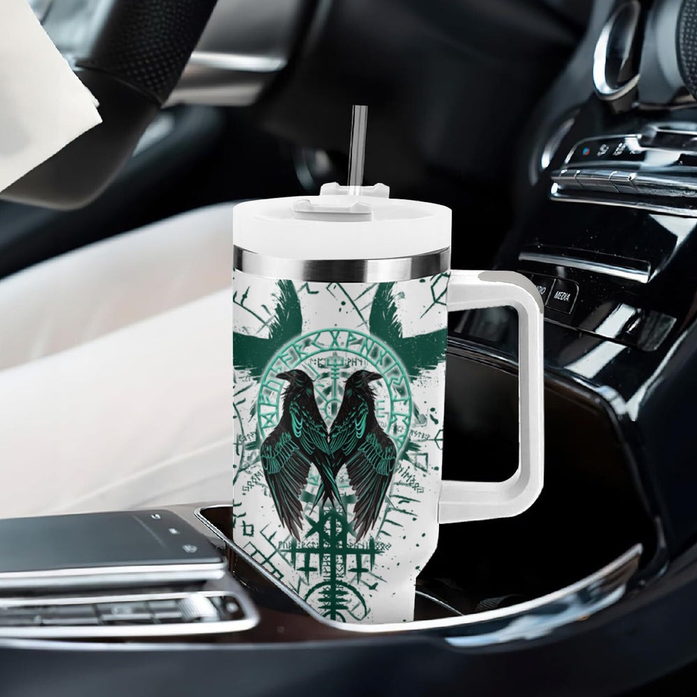 Winged Wisdom Of Viking Tumbler With Handle Hugin, Munin, and the Vegvisir TS04 Winged Wisdom Of Viking Tumbler With Handle Hugin, Munin, and the Vegvisir TS04