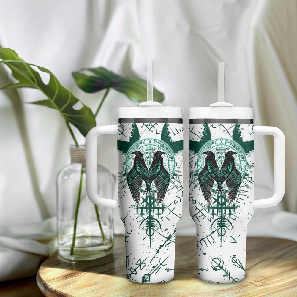 Winged Wisdom Of Viking Tumbler With Handle Hugin, Munin, and the Vegvisir TS04 Winged Wisdom Of Viking Tumbler With Handle Hugin, Munin, and the Vegvisir TS04