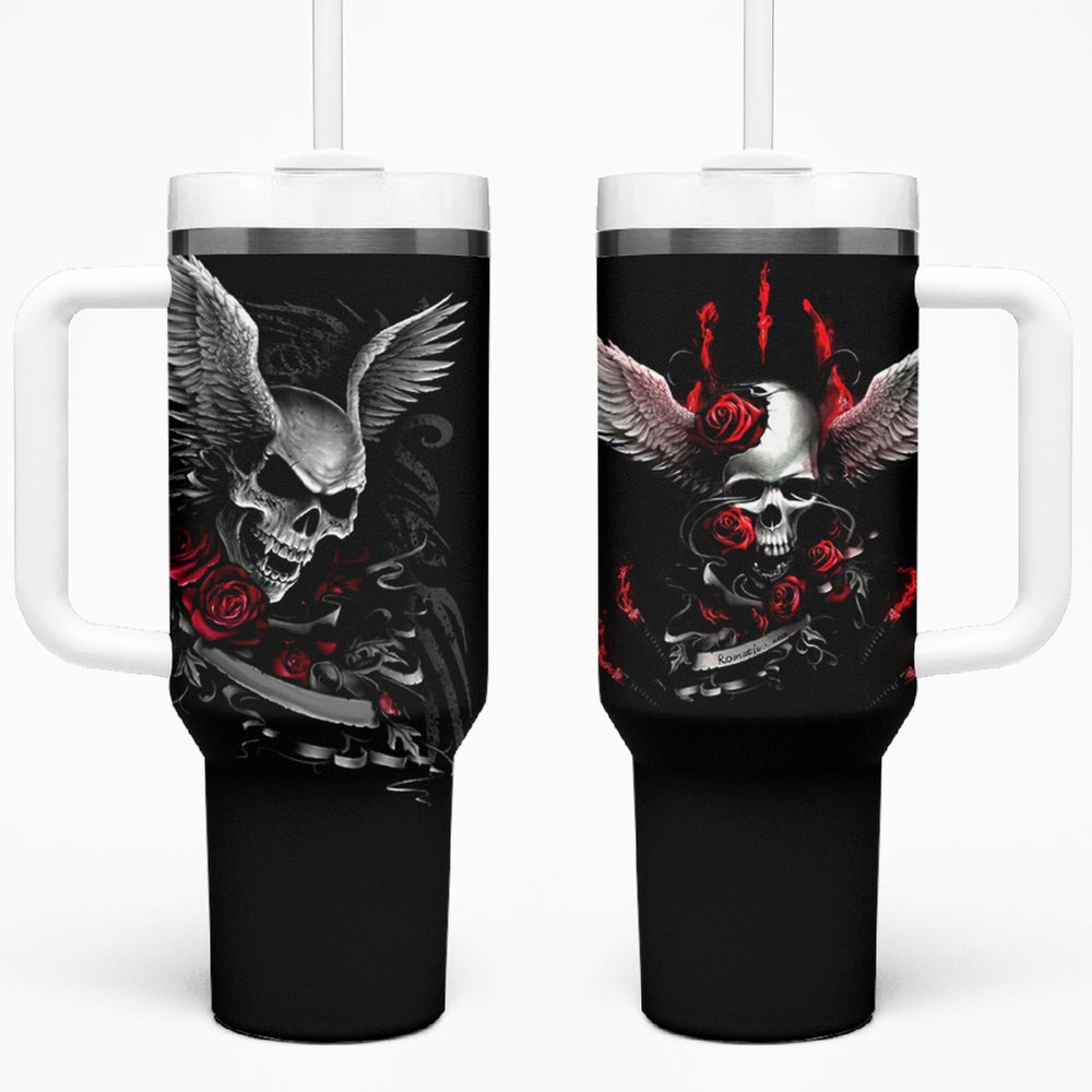 Wings Rose Skull Tumbler With Handle Romantic Rose Skull Wings DT01 Wings Rose Skull Tumbler With Handle Romantic Rose Skull Wings DT01