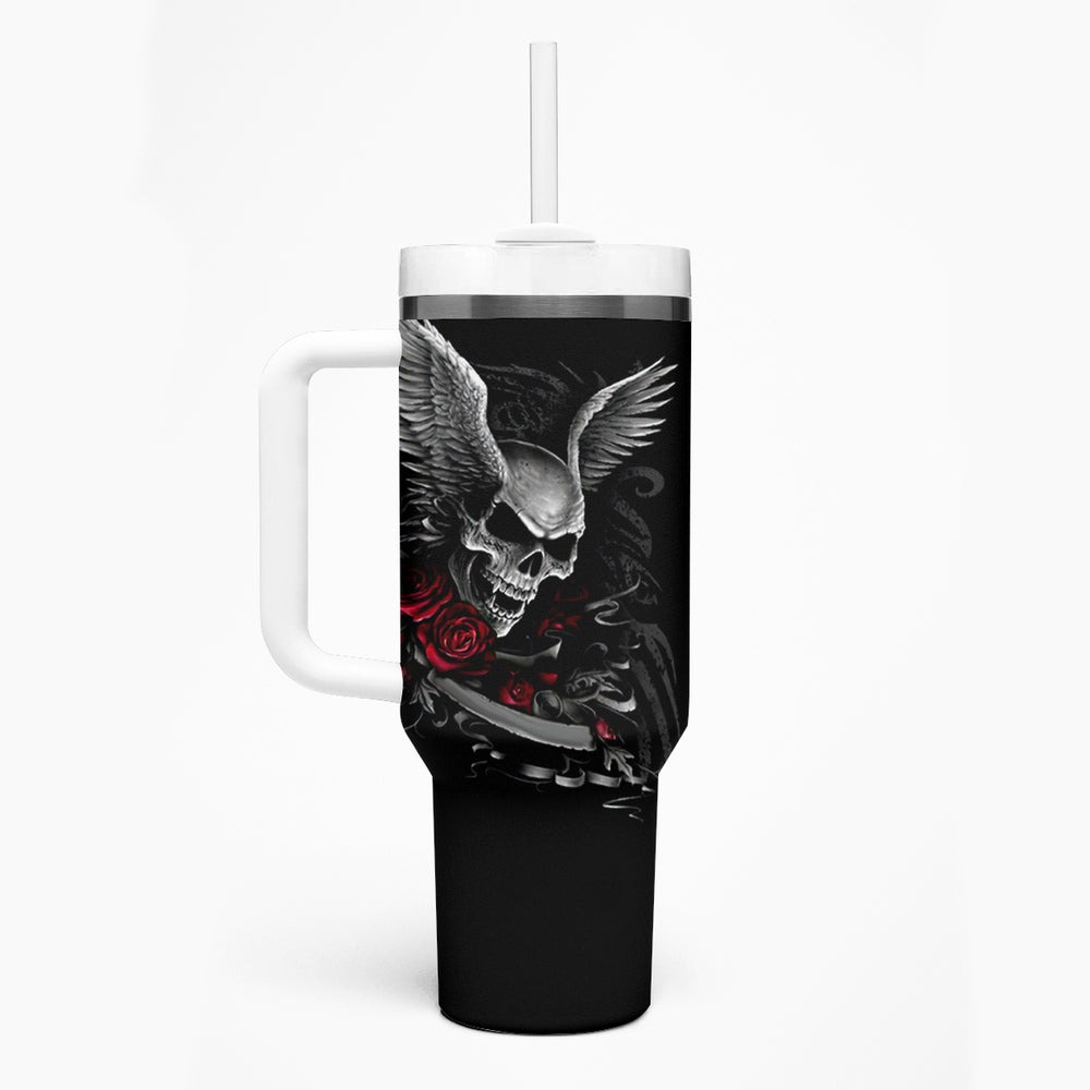 Wings Rose Skull Tumbler With Handle Romantic Rose Skull Wings DT01 Wings Rose Skull Tumbler With Handle Romantic Rose Skull Wings DT01