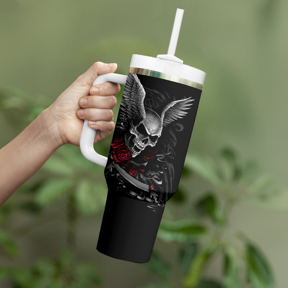 Wings Rose Skull Tumbler With Handle Romantic Rose Skull Wings DT01 Wings Rose Skull Tumbler With Handle Romantic Rose Skull Wings DT01