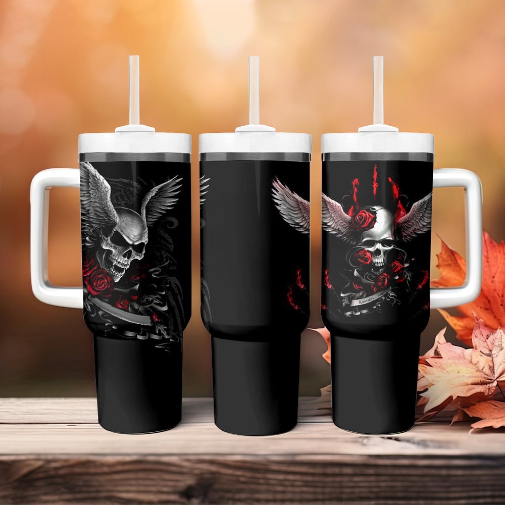 Wings Rose Skull Tumbler With Handle Romantic Rose Skull Wings DT01 Wings Rose Skull Tumbler With Handle Romantic Rose Skull Wings DT01