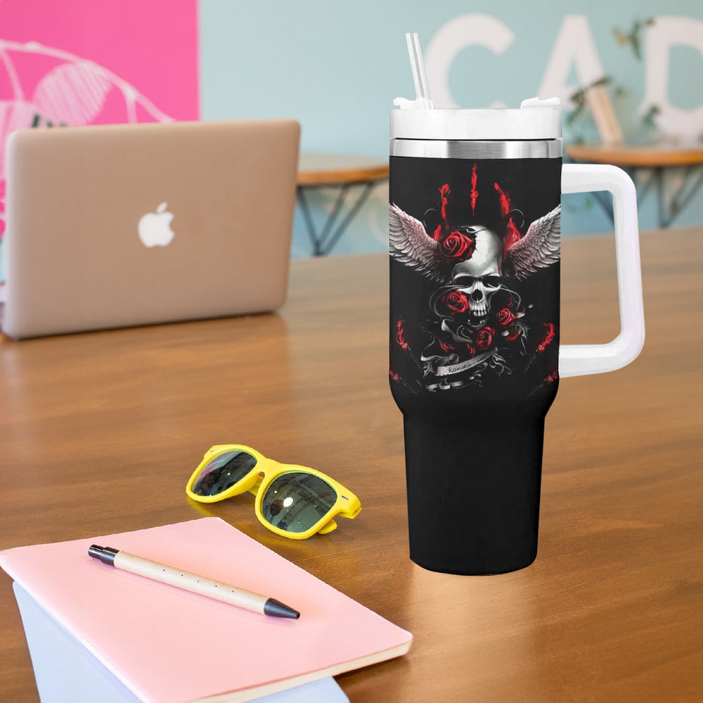 Wings Rose Skull Tumbler With Handle Romantic Rose Skull Wings DT01 Wings Rose Skull Tumbler With Handle Romantic Rose Skull Wings DT01