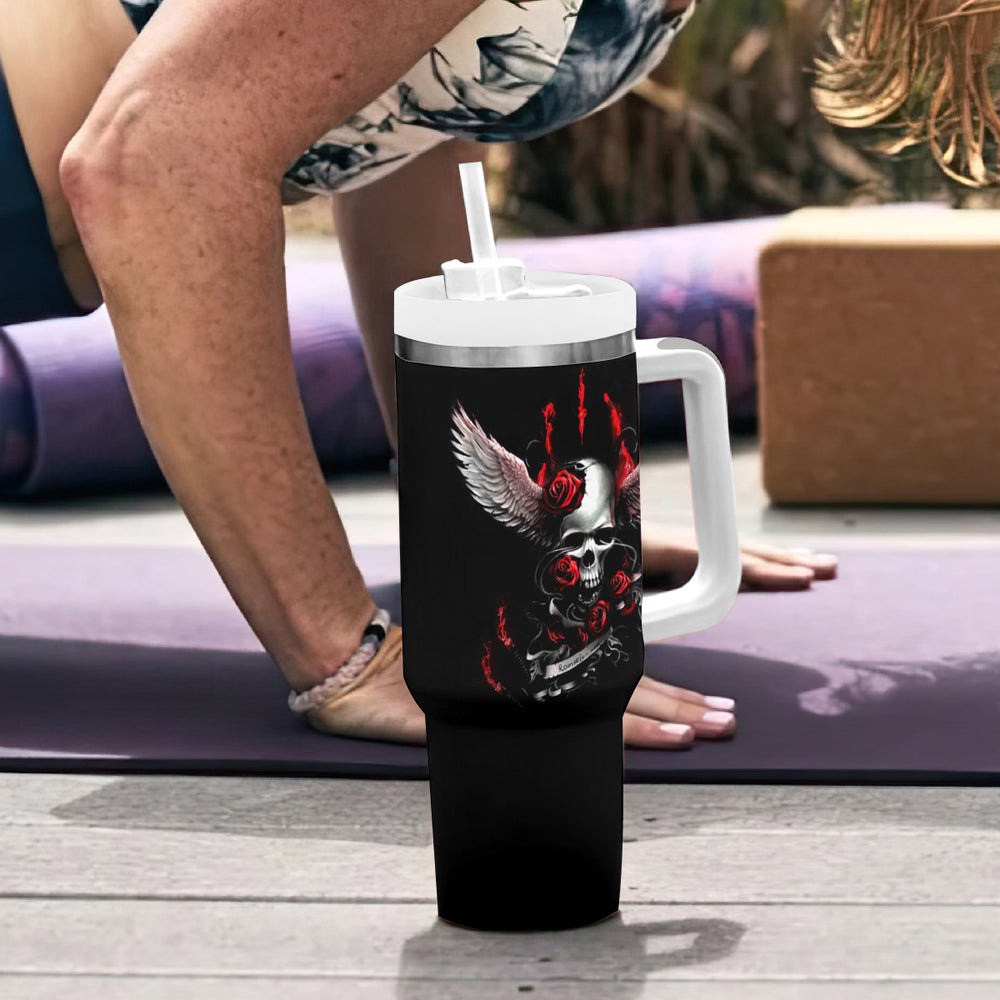 Wings Rose Skull Tumbler With Handle Romantic Rose Skull Wings DT01 Wings Rose Skull Tumbler With Handle Romantic Rose Skull Wings DT01