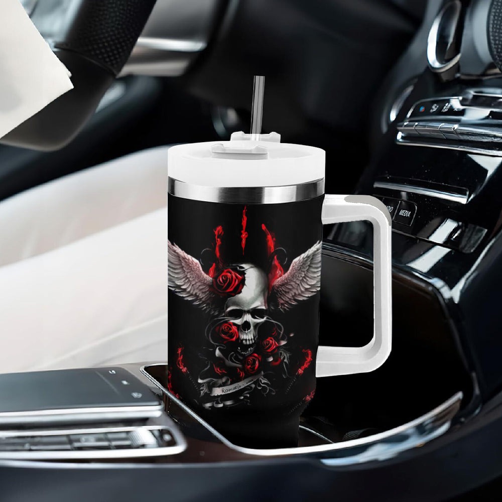Wings Rose Skull Tumbler With Handle Romantic Rose Skull Wings DT01 Wings Rose Skull Tumbler With Handle Romantic Rose Skull Wings DT01