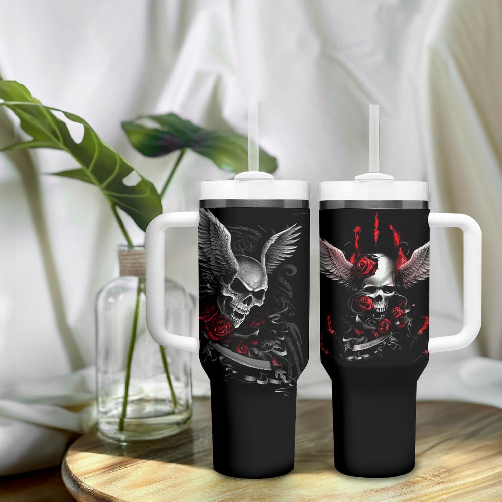 Wings Rose Skull Tumbler With Handle Romantic Rose Skull Wings DT01 Wings Rose Skull Tumbler With Handle Romantic Rose Skull Wings DT01