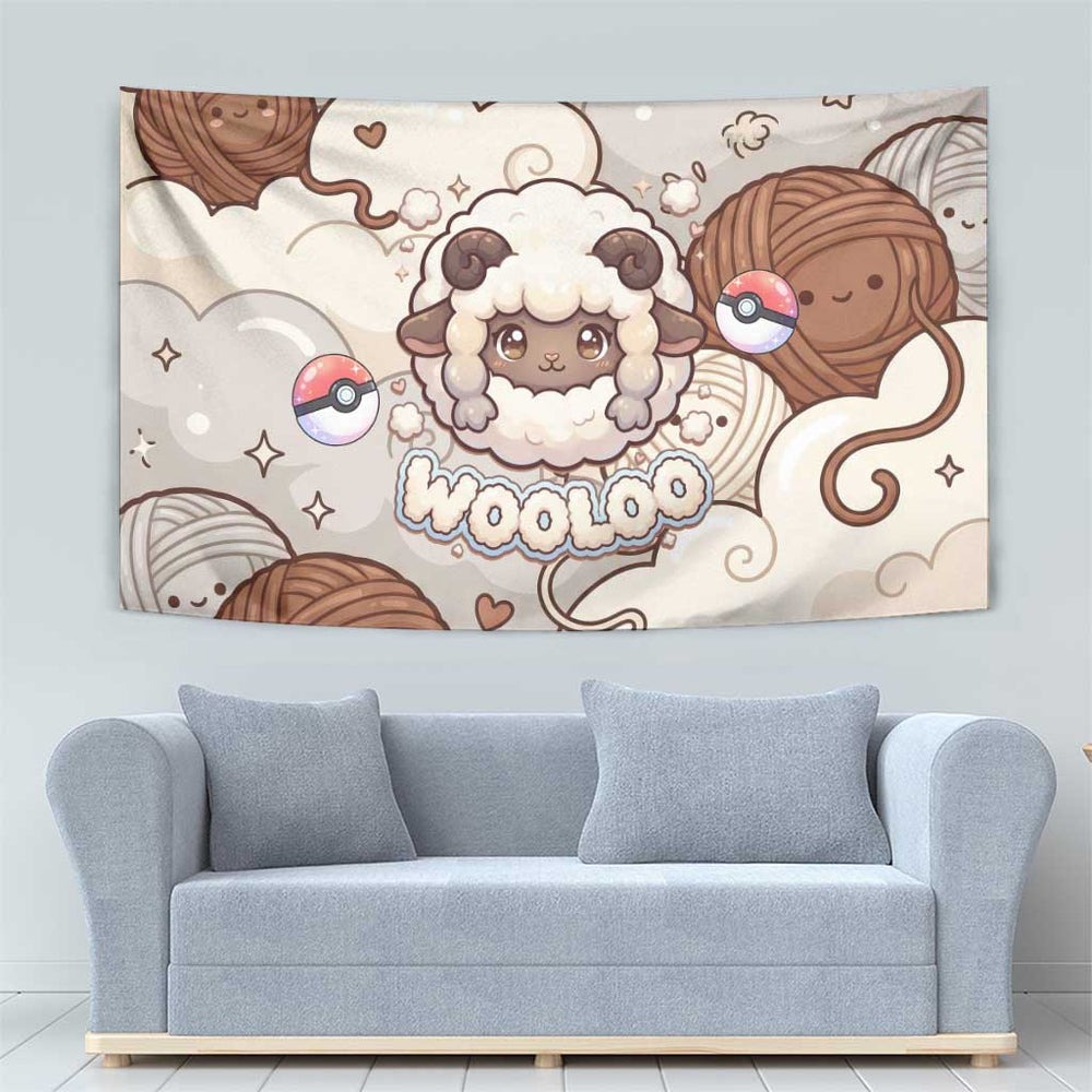 Wooloo Poké Kawaii Art Tapestry Cute Wooloo & Yarn Ball Pattern - Cozy Vibes TS04 Wooloo Poké Kawaii Art Tapestry Cute Wooloo & Yarn Ball Pattern - Cozy Vibes TS04