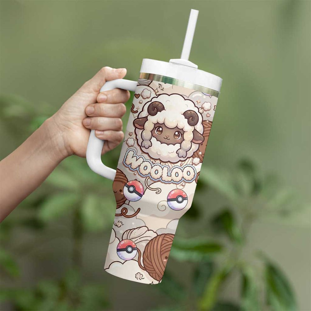 Wooloo Poké Kawaii Art Tumbler With Handle Cute Wooloo & Yarn Ball Pattern - Cozy Vibes TS04 Wooloo Poké Kawaii Art Tumbler With Handle Cute Wooloo & Yarn Ball Pattern - Cozy Vibes TS04