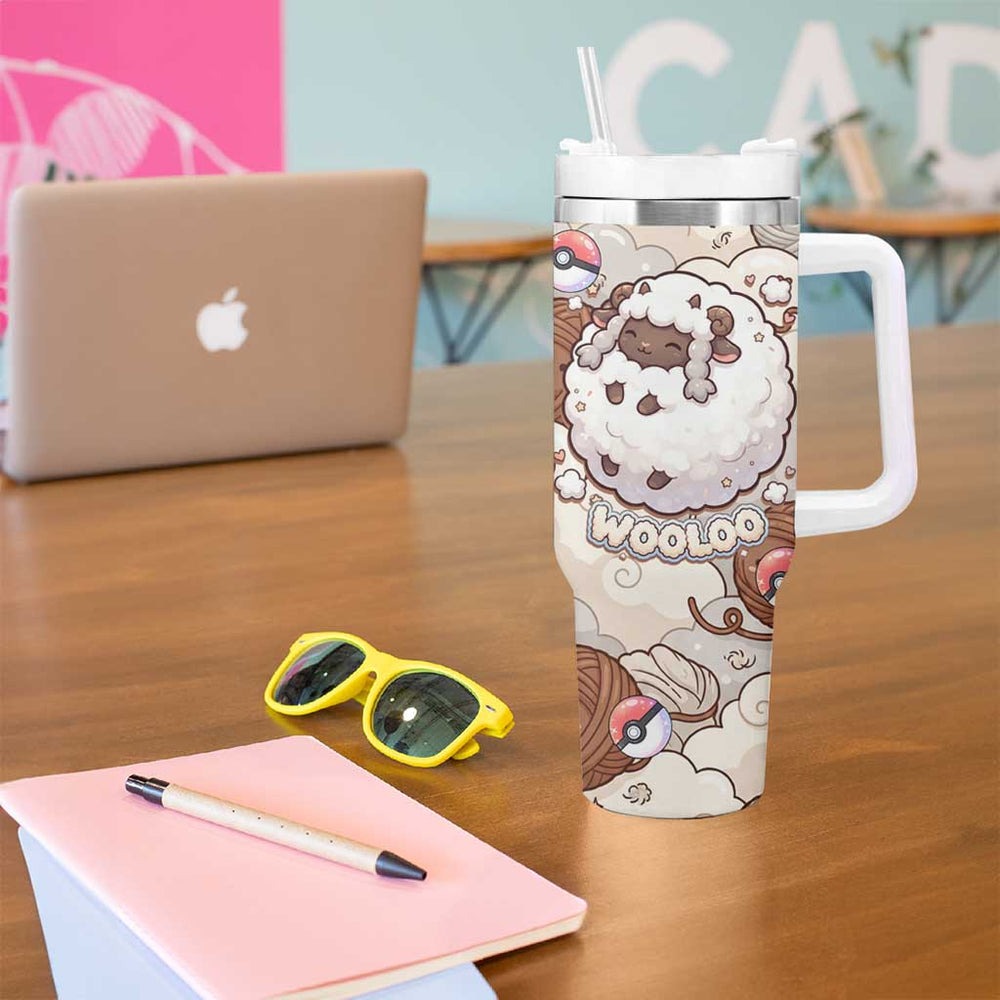Wooloo Poké Kawaii Art Tumbler With Handle Cute Wooloo & Yarn Ball Pattern - Cozy Vibes TS04 Wooloo Poké Kawaii Art Tumbler With Handle Cute Wooloo & Yarn Ball Pattern - Cozy Vibes TS04