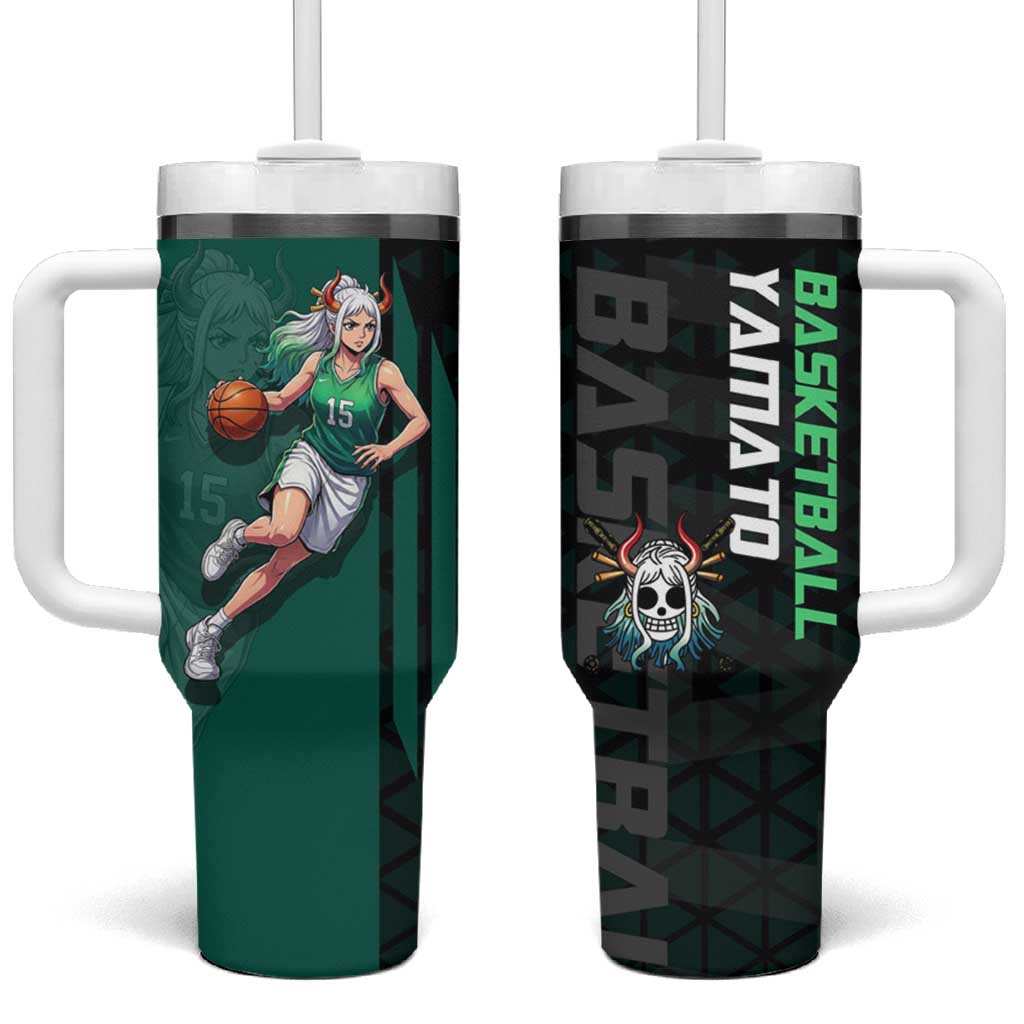 Yamato One Piece Basketball Theme Green and Black Design Tumbler With Handle with Oni Mask Emblem and Dynamic Pose TS04