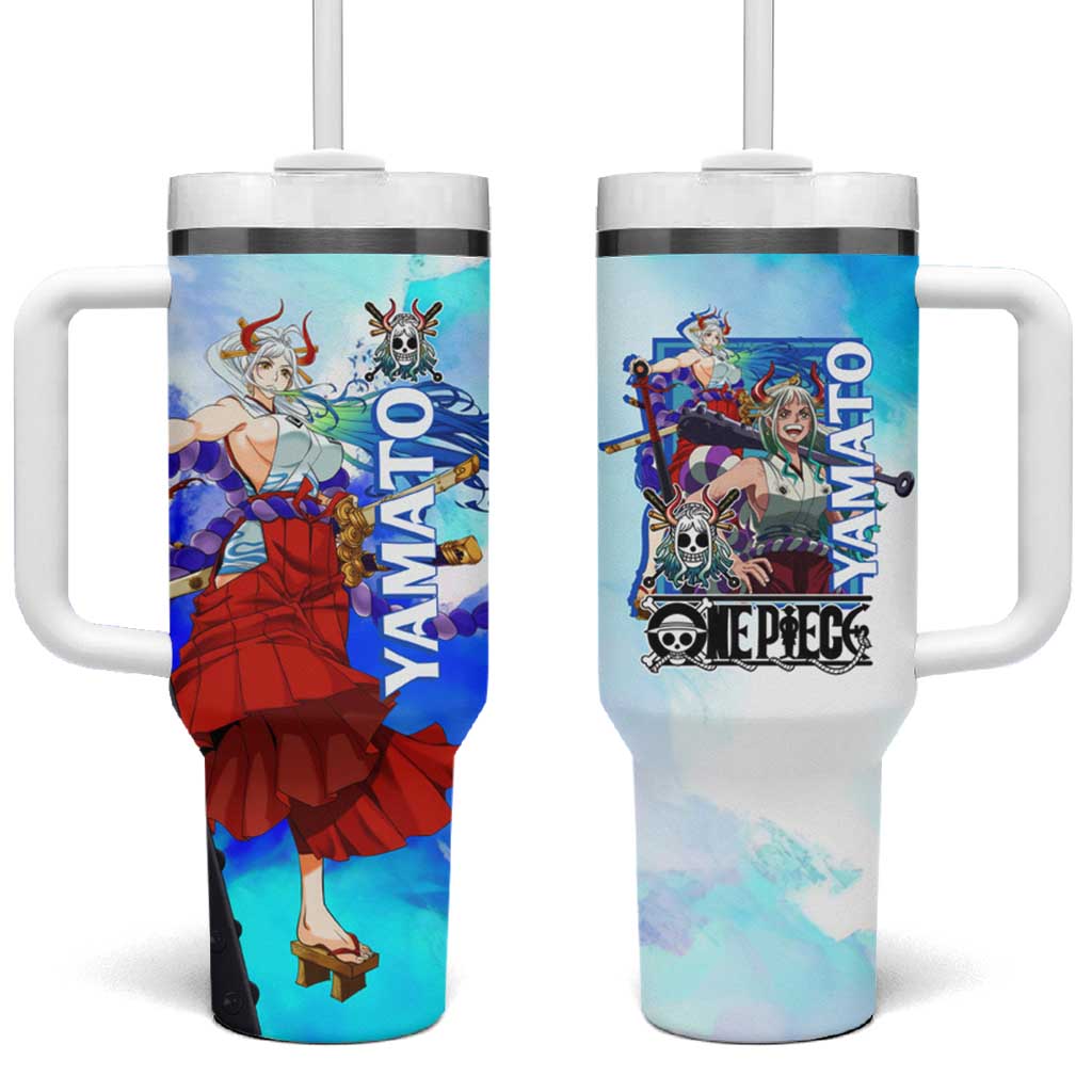 Yamato One Piece Blue Cloud Theme Tumbler With Handle with Manga Panels and Oni Horn Character Design TS04