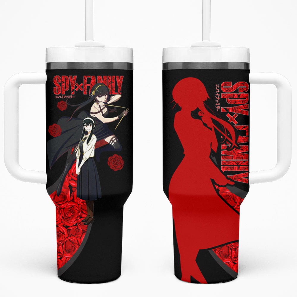 Yor Foger SpyxFamily Tumbler With Handle Black And Roses Anime Style TS04
