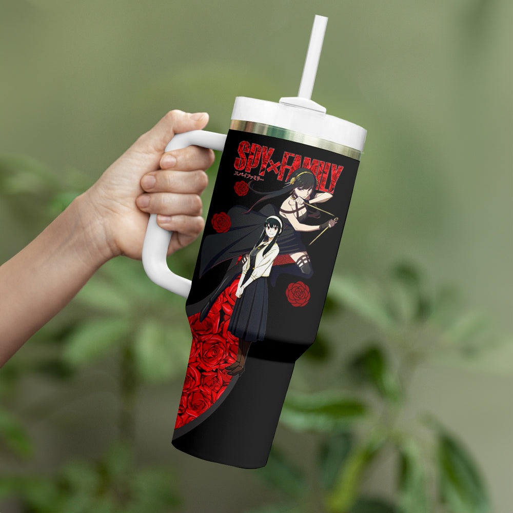 Yor Foger SpyxFamily Tumbler With Handle Black And Roses Anime Style TS04