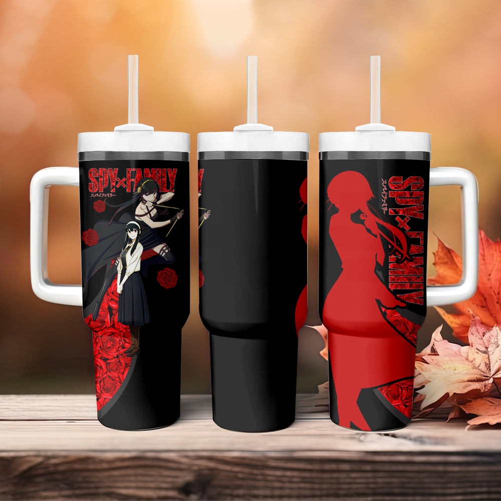 Yor Foger SpyxFamily Tumbler With Handle Black And Roses Anime Style TS04