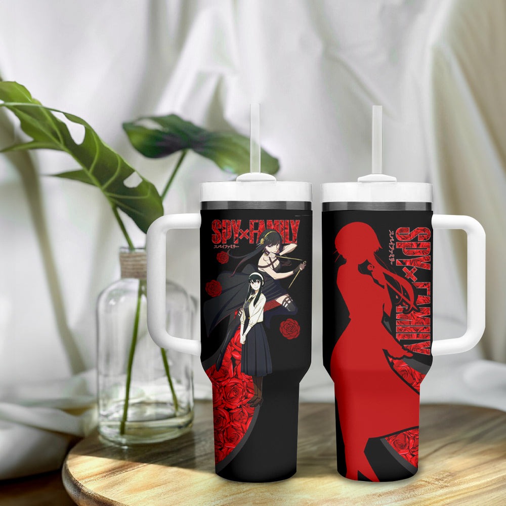 Yor Foger SpyxFamily Tumbler With Handle Black And Roses Anime Style TS04
