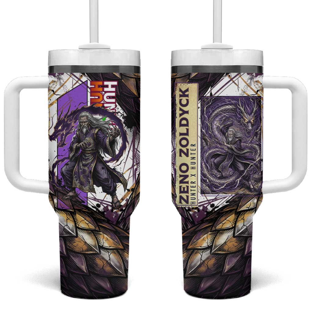 Zeno Zoldyck Theme White and Purple Dragon Aura Design Tumbler With Handle with Dark Energy Card Artwork TS04