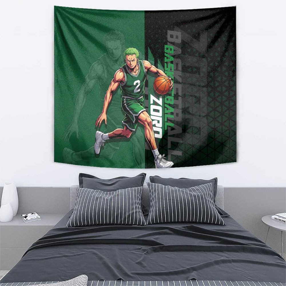 Zoro One Piece Basketball Theme Green and Black Design Tumbler With Handle with Swordsman Logo and Action Dribble Pose TS04