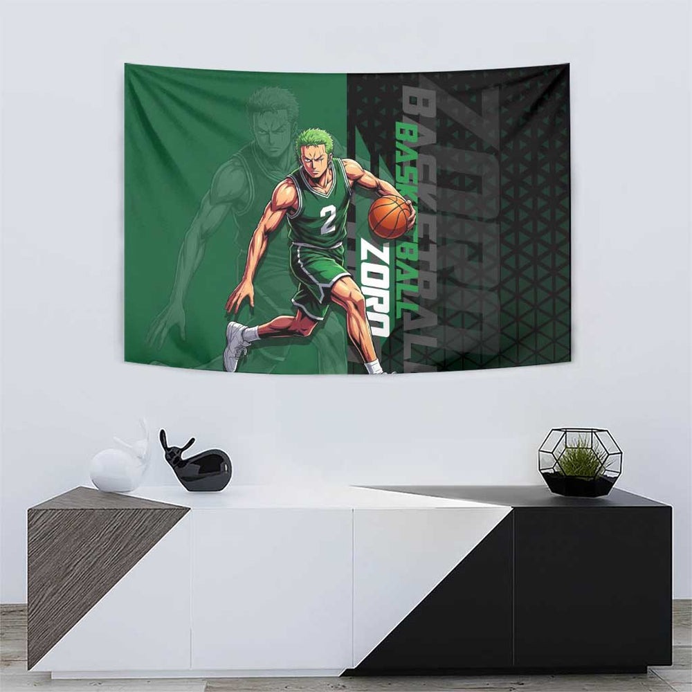 Zoro One Piece Basketball Theme Green and Black Design Tumbler With Handle with Swordsman Logo and Action Dribble Pose TS04