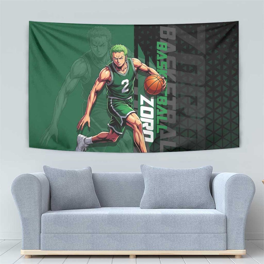 Zoro One Piece Basketball Theme Green and Black Design Tumbler With Handle with Swordsman Logo and Action Dribble Pose TS04