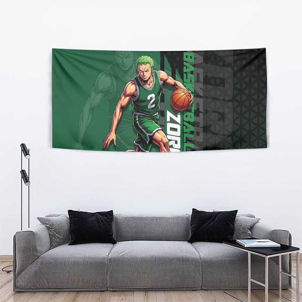 Zoro One Piece Basketball Theme Green and Black Design Tumbler With Handle with Swordsman Logo and Action Dribble Pose TS04