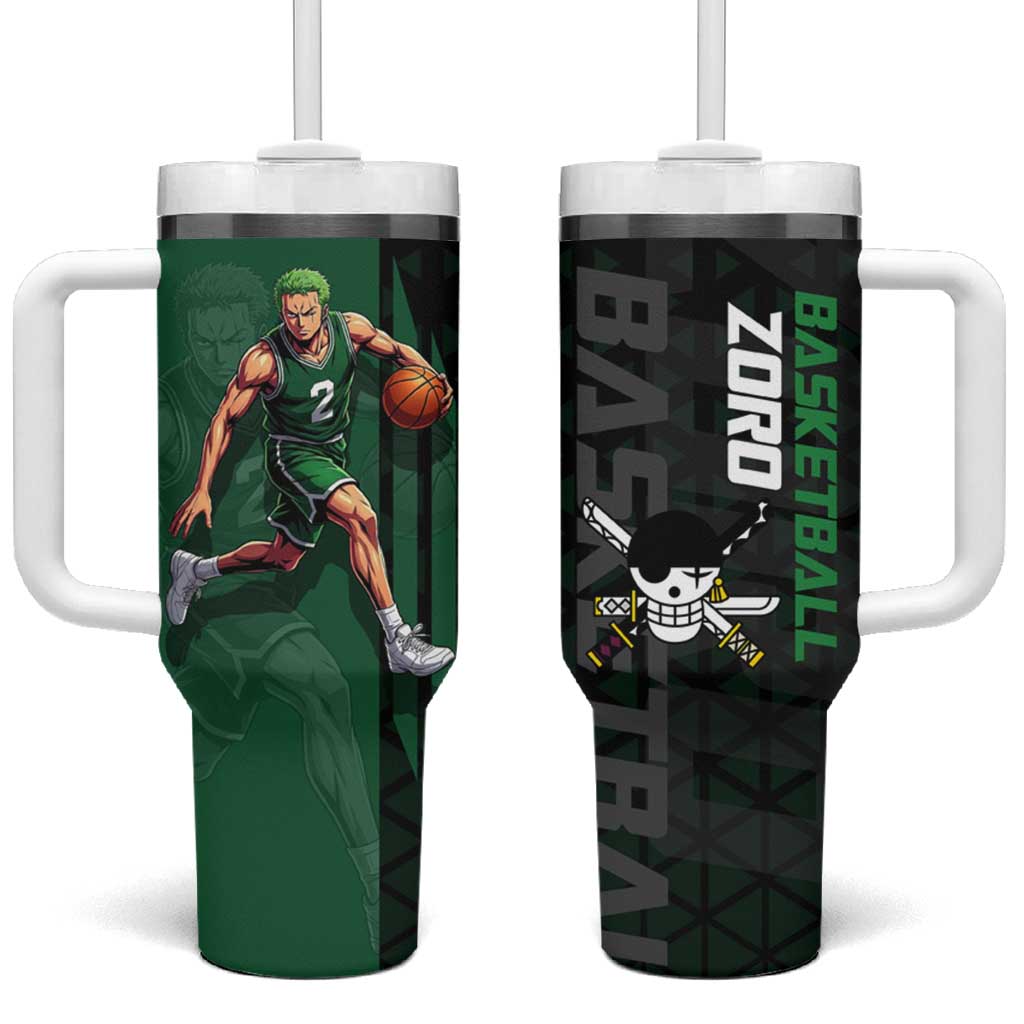 Zoro One Piece Basketball Theme Green and Black Design Tumbler With Handle with Swordsman Logo and Action Dribble Pose TS04