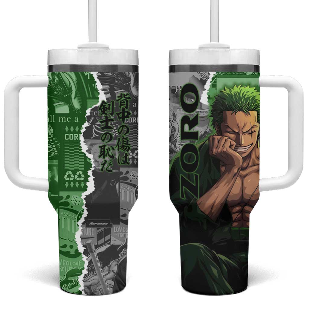 Zoro One Piece Green Theme Tumbler With Handle with Manga Collage and Dual Portrait Swordmaster Design TS04